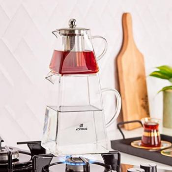 Juego de Tetera de Vidrio Borosilicato Karaca Giza, Transparente, 1.5 Litros, Compatible con Cocinas a Gas y Eléctricas, Incluye Filtro para Té Suelto y Hierbas