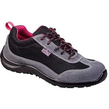 Zapatillas de Seguridad Unisex S1P SRC de Cuero Nobuck y Malla, Color Negro-Fucsia, Talla 35