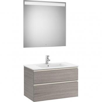 Conjunto de baño Roca The Gap: mueble base con 2 cajones, lavabo central y espejo LED, color Roble City texturizado