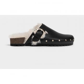Stradivarius Leather Buckled Clogs with Faux Fur - Black