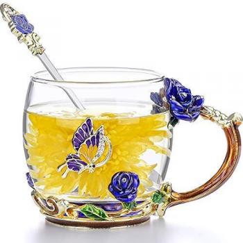 COAWG Taza de Té con Cuchara, Esmalte Hecha a Mano Cristal Taza Transparente de Cristal Azul Taza de Té y Café con Manija Elaborada de la Flor Diseño Único Regalos para Mujeres de Navidad- 11oz 330ml