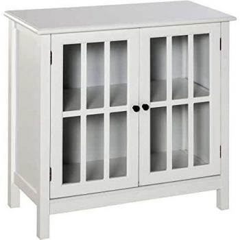 HOMCOM Aparador de Cocina Armario de Almacenaje con 2 Puertas de Vidrio Dispositivo Antivuelco Comedor Entrada Buffet 80x36,5x76 cm Blanco