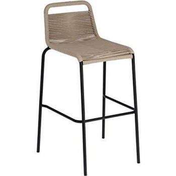 Kave Home - Taburete Alto de Bar Lambton marrón 74 cm con Respaldo de Cuerda de poliéster y Patas de Acero en Negro para Interior y Exterior