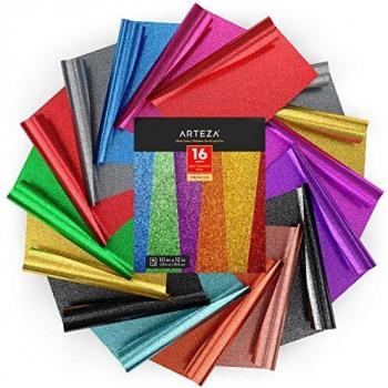 Arteza Vinilo textil termoadhesivo | 25,4x30,5 cm | Caja de 16 hojas flexibles | Vinilo térmico resistente, fácil de pelar y sin tóxicos | Apto para cualquier máquina de corte | Colores de purpurina