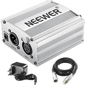 Neewer 1 Canal 48 V Phantom Fuente de alimentación de Color Plateado con Adaptador y Cable de Audio XLR para Cualquier micrófono de Condensador para música y Estudio de grabación