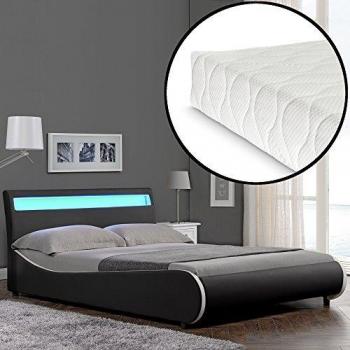 Cama Doble Corium Valencia de Cuero Sintético con Colchón y Luz LED (180x200 cm) - Negro
