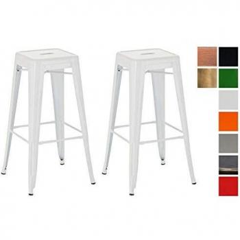Set de 2 Taburetes Altos Metálicos Apilables Joshua Blanco Estilo Industrial Sin Respaldo con Reposapiés