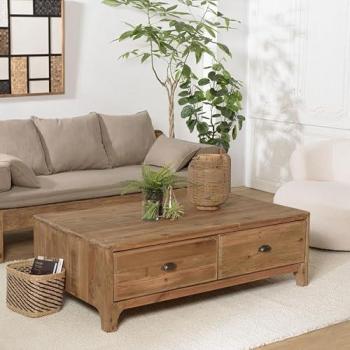 Mesa de centro rectangular de 140x85 cm con 4 cajones en madera de pino reciclado - MACABANE