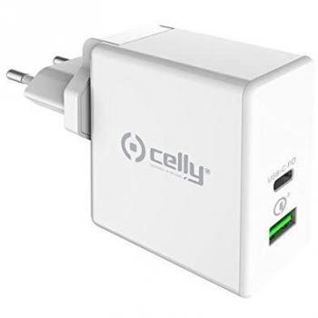 Celly Cargador de Red USB-C y USB 45 W, Carga rápida 3.0 Power Delivery, Blanco