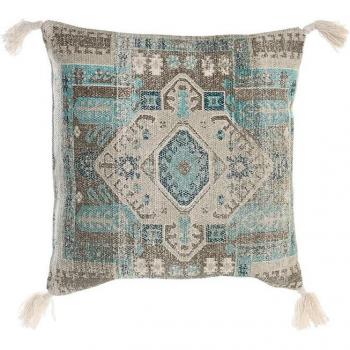 Cojín azul con flecos y diseño árabe de 45 x 10 x 45 cm