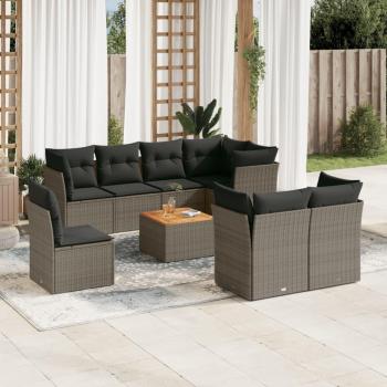 9-Piece Grey Poly Rattan Garden Sofa Set with Cushions