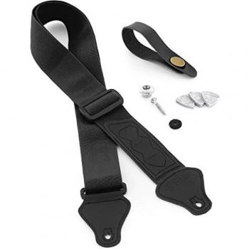 TIGER UAC4-BK-PACK Ukulele Strap Pack includes Strap, Headstock Neck Tie, Strap Button / End Pin and 3 Felt Picks - Suitable for Soprano, Concert, Tenor and Baritone Ukes - Black