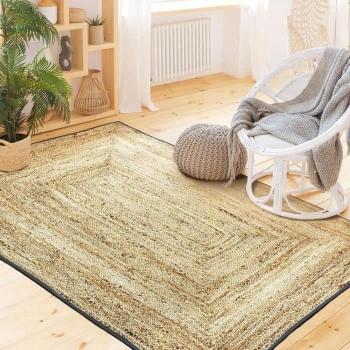 Alfombra de yute natural 120 x 170 cm Beige con tira de algodón gris oscuro
