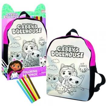 Mochila Para Colorear La Casa De Muñecas De Gabby - Incluye 5 rotuladores especiales para pintura sobre tela, dimensiones de 26x34x7 cm, apto para niños a partir de 3 años