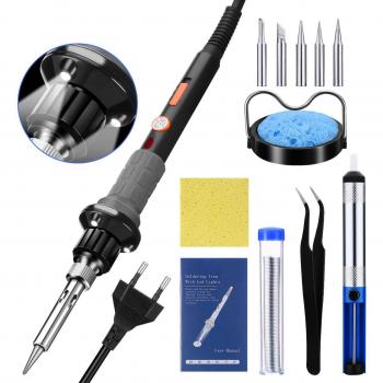 Soldador Electrónica de Estaño con 3 Luces LED y Interruptor de Alimentación,VicTsing 220V 60W Kit Soldador,Temperatura Ajustable,5pcs Puntas,Bomba Desoldadora,Soporte,Pinzas Antiestáticas