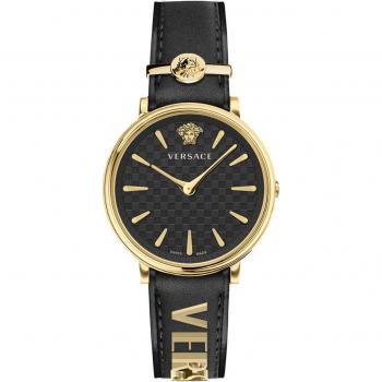 Versace V-Circle Leather Watch Black Gold, Women's, Black, Size: ONE SIZE