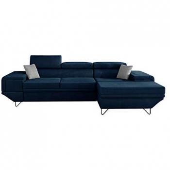 Sofá rinconero Comfivo 263, azul, con función de descanso y caja de ropa de cama, dimensiones 290x171x71cm