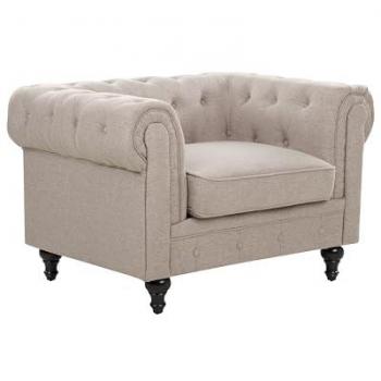 Sillón Chesterfield vintage en tela tortora con patas de madera y cojín grueso