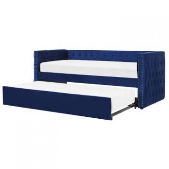 Cama Nido Tapizada en Terciopelo Azul 90 x 200 cm con Estructura de Listones y Adornos de Botones Gassin