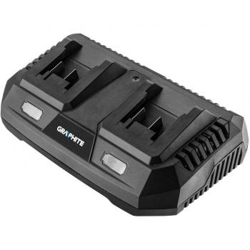 Cargador de batería GRAPHITE 58G085 con capacidad para cargar baterías de litio, voltaje de entrada de 230V, corriente de salida ajustable, indicador LED de carga y diseño compacto