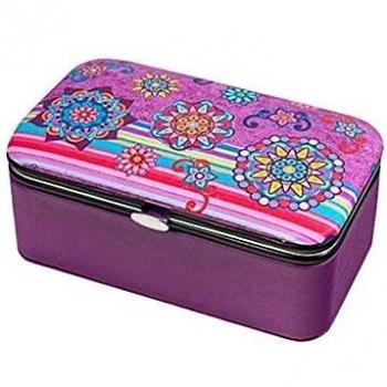 Inmaculada Romero IR Joyero baúl 12cm. Polipiel Morado Estampado Floral Mandalas Interior Compartimentos Cierre metálico