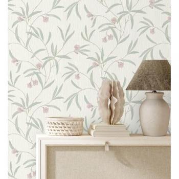 Papel Pintado Vinílico Jasmine Joy 682830 - Flores Malvas y Hojas Verdes en Relieve con Toque Nacarado - Rollo de 10 m x 0,53 m