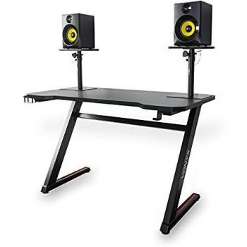 Vonyx DB15 Mesa de producción DJ con tablero de aspecto de carbono de 120 cm de ancho, gancho para auriculares, entrada de cable 2x y soporte para refrescos o vasos