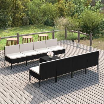 9-Piece Black Poly Rattan Garden Lounge Set with Cushions