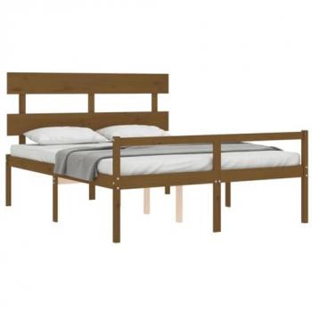 Estructura de cama matrimonio con cabecero de madera marrón miel para personas mayores, sin colchón, fabricada en madera maciza