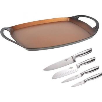 Set de 2 sartenes Ø24Ø28cm con protectores Bronze San Ignacio, Sartén Asadora Lisa San Ignacio Cobre Acero Inoxidable Aluminio Forjado, San Ignacio Set plancha 36 cm. y cuch