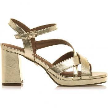 Sandalias de tacón mujer 68451 oro con elegante diseño de tiras cruzadas y cierre de hebilla