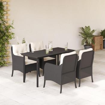 5-Piece Black Poly Rattan Garden Dining Set with Cushions
