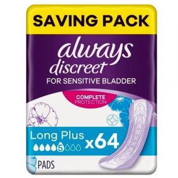 Compresas para Incontinencia Always Discreet, Paquete Mensual Long Plus, 64 Unidades (4 Paquetes x 16 Uds.), Alta Absorción y Neutralizador de Olores