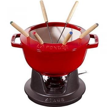 STAUB Juego de fondue con 6 tenedores, para fondue de queso, chocolate y carne, Hierro fundido, Rojo cereza, 20 cm