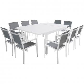 Conjunto de jardín extensible Happy Garden Venezia 140/200 cm en textileno gris y aluminio blanco, para 10 plazas