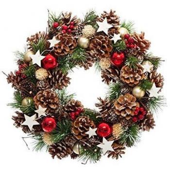 Feeric Christs – Corona de Navidad artificial, ramas de Houx, estrellas y piñas, 35 cm de diámetro