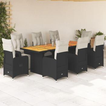 9-Piece Black Poly Rattan Garden Bistro Set with Cushions