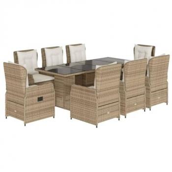 Set comedor de jardín 9 pzas con cojines ratán sintético beige