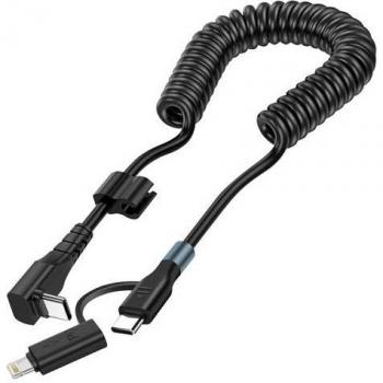 Cable Espiral USB-C a USB-C y Lightning para iPhone, Diseño en Ángulo Negro 1,5m