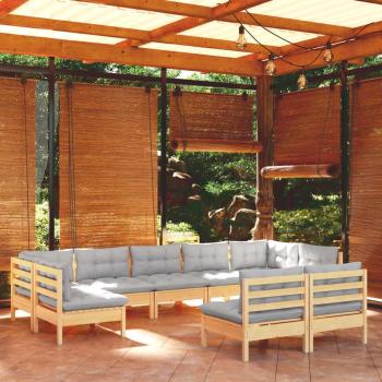 vidaXL 9-Piece Solid Pinewood Garden Lounge Set with Gray Cushions