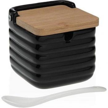Azucarero Versa Negro Rayas de Cerámica con Detalles en Bambú - 8,3 x 8,3 cm