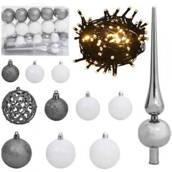 vidaXL 61 Piece Christmas Ball Set with Peak and 150 LEDs White & Grey