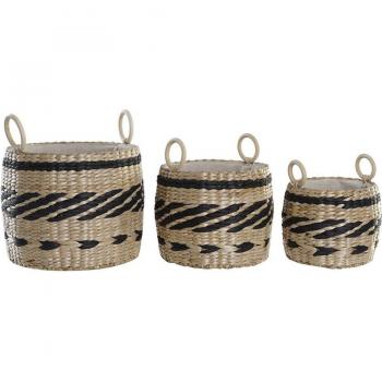 Conjunto de 3 cestas decorativas en fibra natural, estilo colonial - Set de Cestas DKD Home Decor Negro Natural (30 x 30 x 25 cm)