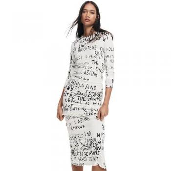 Desigual - Vestido midi de manga larga para mujer, color blanco, talla XS, con frases
