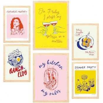Set de 6 Pósters Pop Art de Alimentos y Vino para Decoración de Paredes, Sin Marco y con Opción a Marco de Madera Clara, Tamaños A3 y A4