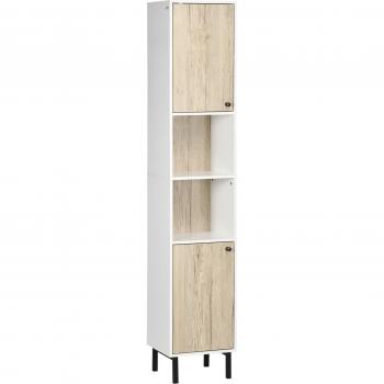 Armario Alto de Baño Columna Auxiliar de Baño con 2 Puertas y 6 Estantes para Ducha Aseo Dormitorio Estilo Moderno 30x31,5x169 cm Blanco y Roble