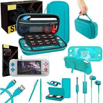 Orzly Paquete de Accesorios para Nintendo Switch Lite – Incluye: Protectores de Pantalla & Funda para Switch Lite Consola, Funda Comfort Grip, Cable USB, Auriculares y más.