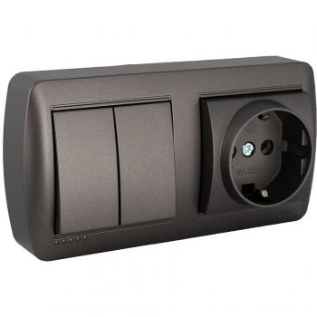 Base fija 2p+t, 16a 250v~ + doble conmutador / interruptor 10ax 250v~. de superficie. serie mural