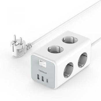 Regleta TESSAN 6 Tomas con 2 USB-A y 1 USB-C, Alargador de 2 metros, Interruptor, 3600W