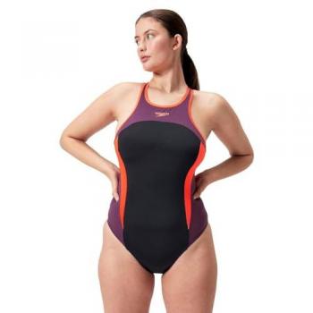 Speedo Traje de Baño Mujer High Neck Splice Cross Back, escote alto, espalda cruzada, color negro y rojo